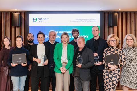 Winners, honourable mentions, Chair of the Foundation Heike Von Lutzau-Hohlbein, and host Nina Carberry MEP